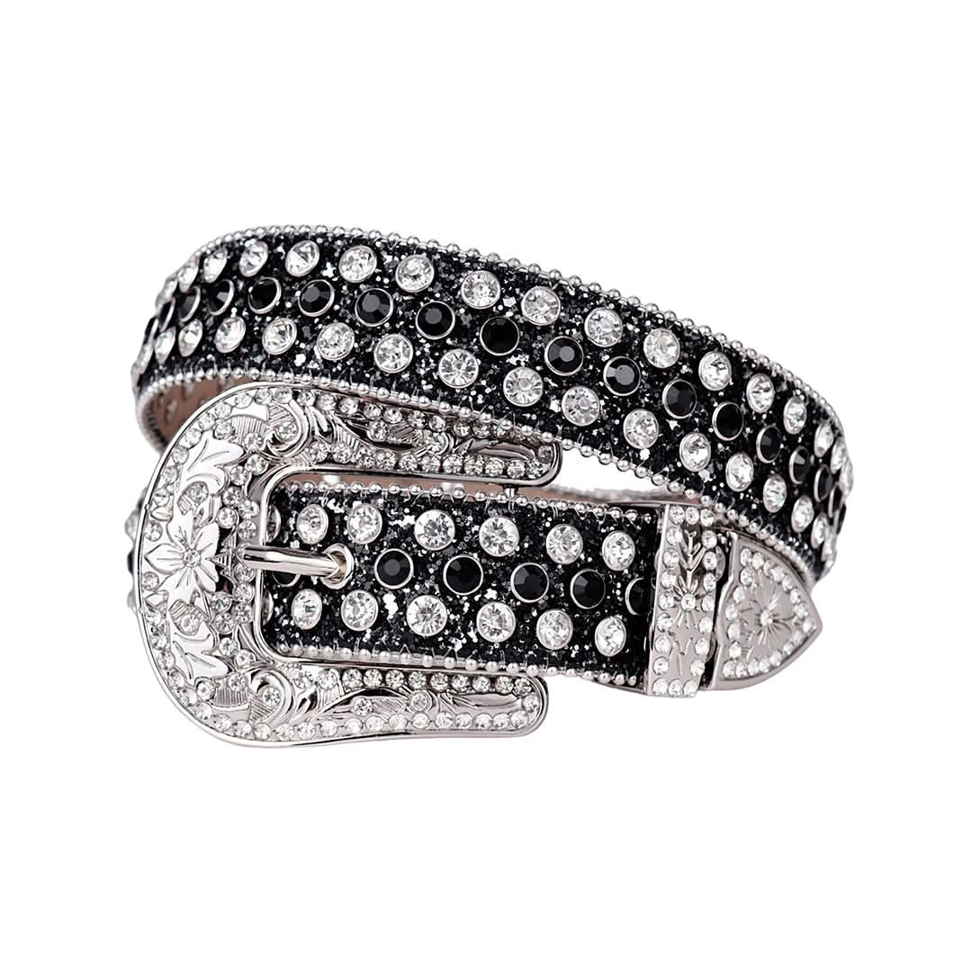 Engraved Buckle Shiny Black Strap with Black and Silver Studs Rhinestone Belt-Belts-The Rhinestone Belts