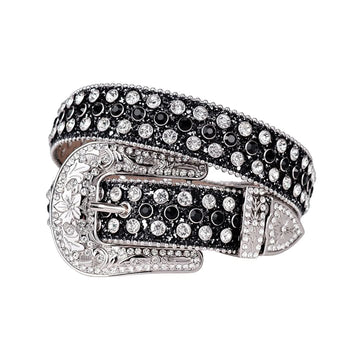 Engraved Buckle Shiny Black Strap with Black and Silver Studs Rhinestone Belt-Belts-The Rhinestone Belts