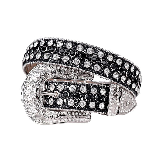 Engraved Buckle Shiny Black Strap with Black and Silver Studs Rhinestone Belt-Belts-The Rhinestone Belts
