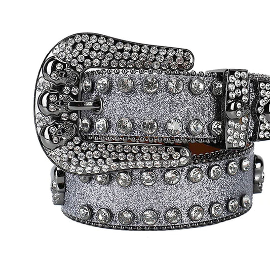 Skull Buckle Grey Strap with Grey Studs Rhinestone Belt-Belts-The Rhinestone Belts