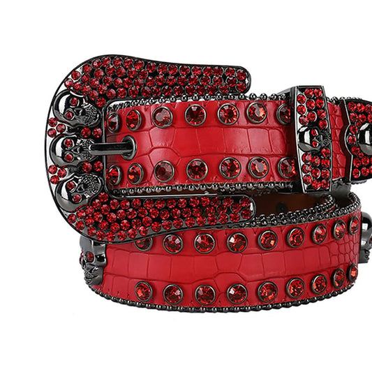 Skull Buckle with Red Studded Design Rhinestone Belt-Belts-The Rhinestone Belts