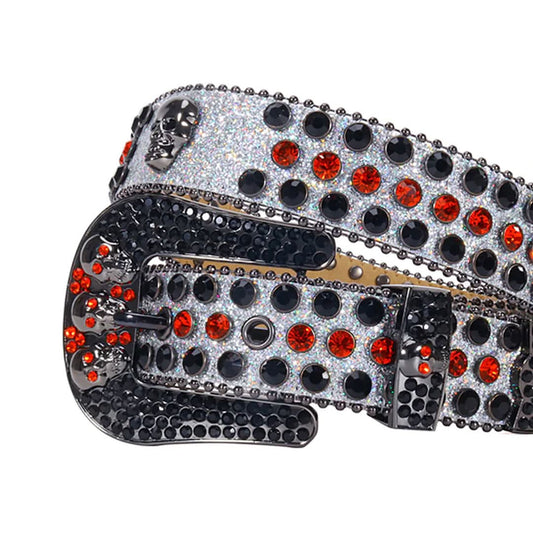 Skull Buckle Grey Strap with Black and Red Studs Rhinestone Belt-Belts-The Rhinestone Belts