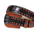 Skull Buckle Black Strap with Orange and Black Studs Rhinestone Belt-Belts-The Rhinestone Belts