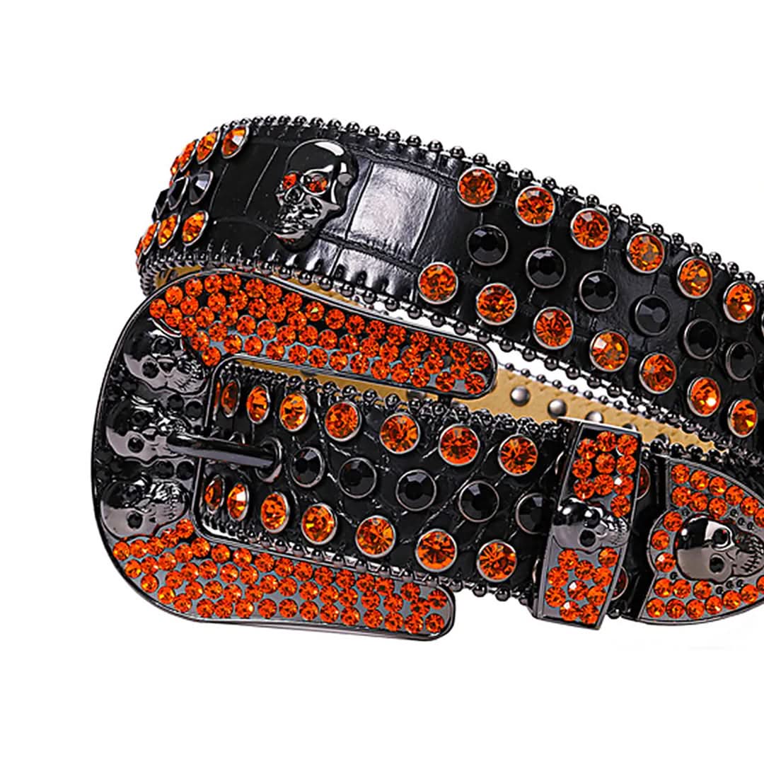 Skull Buckle Black Strap with Orange and Black Studs Rhinestone Belt-Belts-The Rhinestone Belts
