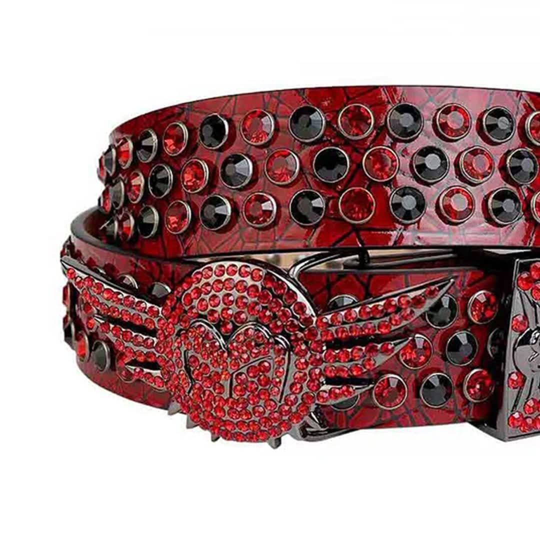 Angel Wings Buckle Red Strap with Red and Black Studs Rhinestone Belt-Belts-The Rhinestone Belts
