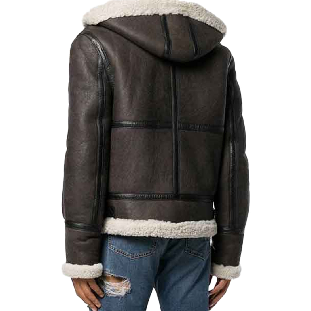 Men’s Grey Charcoal Shearling Hooded Leather Jacket