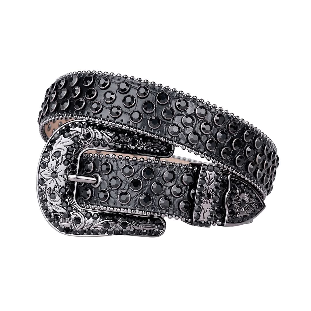 Engraved Buckle Black Strap with Black Studs Rhinestone Belt-Belts-The Rhinestone Belts