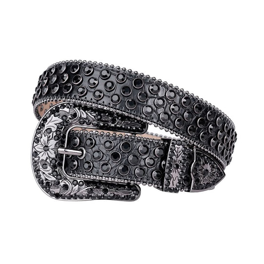 Engraved Buckle Black Strap with Black Studs Rhinestone Belt-Belts-The Rhinestone Belts