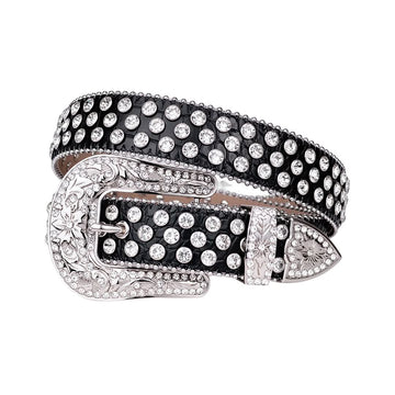 Engraved Buckle Black Strap with Crystal Studs Rhinestone Belt-Belts-The Rhinestone Belts