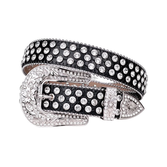 Engraved Buckle Black Strap with Crystal Studs Rhinestone Belt-Belts-The Rhinestone Belts