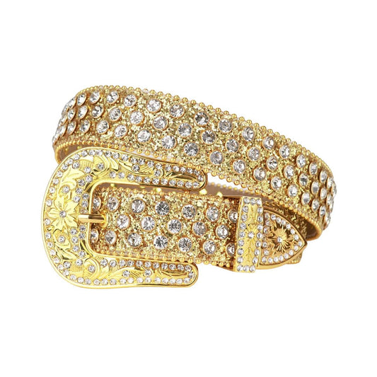 Engraved Buckle Shiny Gold Strap with Crystal Studs Rhinestone Belt-Belts-The Rhinestone Belts