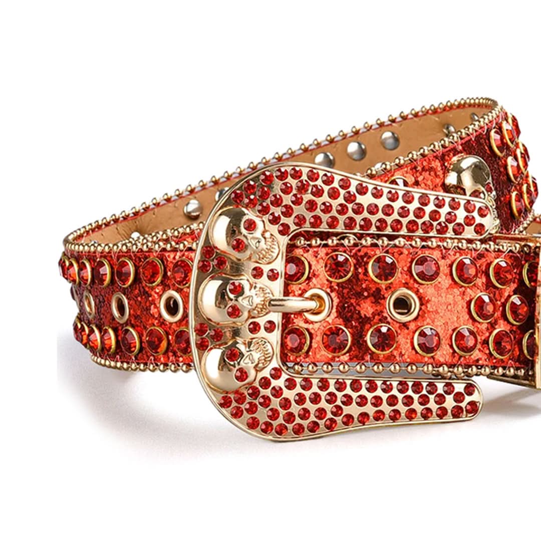 Skull Buckle Shiny Red Strap with Red Studs Rhinestone Belt-Belts-The Rhinestone Belts