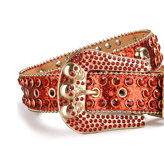 Skull Buckle Shiny Red Strap with Red Studs Rhinestone Belt-Belts-The Rhinestone Belts