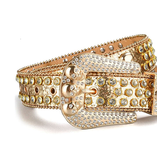 Skull Buckle Gold Strap with Crystal Studs Rhinestone Belt-Belts-The Rhinestone Belts