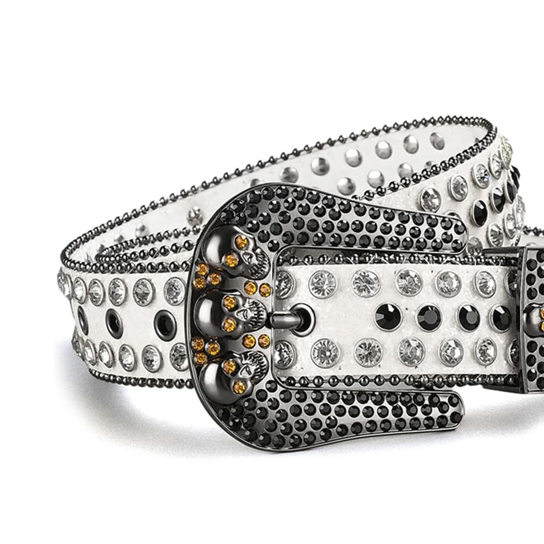 Skull Buckle White Strap with Crystal and Black Studs Rhinestone Belt-Belts-The Rhinestone Belts