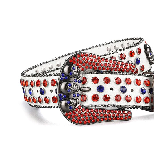 Skull Buckle White Strap with Red and Blue Studs Rhinestone Belt-Belts-The Rhinestone Belts