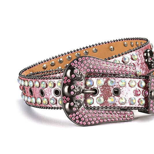 Skull Buckle Pink Strap with Multi Studs Rhinestone Belt-Belts-The Rhinestone Belts
