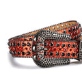 Skull Buckle Shiny Orange Strap with Orange and Black Studs Rhinestone Belt-Belts-The Rhinestone Belts