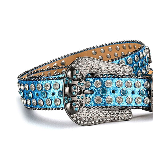 Skull Buckle Shiny Blue Strap with Blue and Crystal Studs Rhinestone Belt-Belts-The Rhinestone Belts
