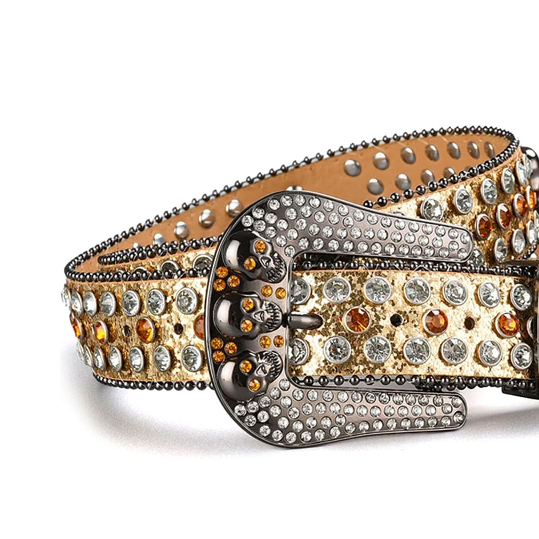 Skull Buckle Gold Strap with Gold and Crystal Studs Rhinestone Belt-Belts-The Rhinestone Belts