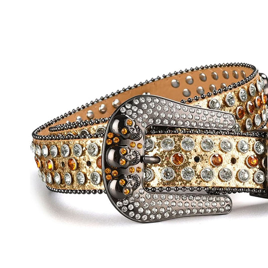 Skull Buckle Gold Strap with Gold and Crystal Studs Rhinestone Belt-Belts-The Rhinestone Belts