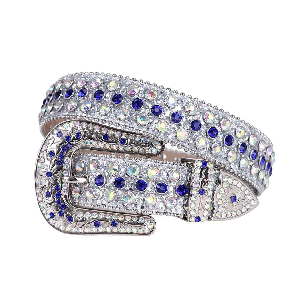 Engraved Buckle Shiny Grey Strap with Blue and Multi Studs Rhinestone Belt-Belts-The Rhinestone Belts
