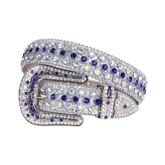 Engraved Buckle Shiny Grey Strap with Blue and Multi Studs Rhinestone Belt-Belts-The Rhinestone Belts