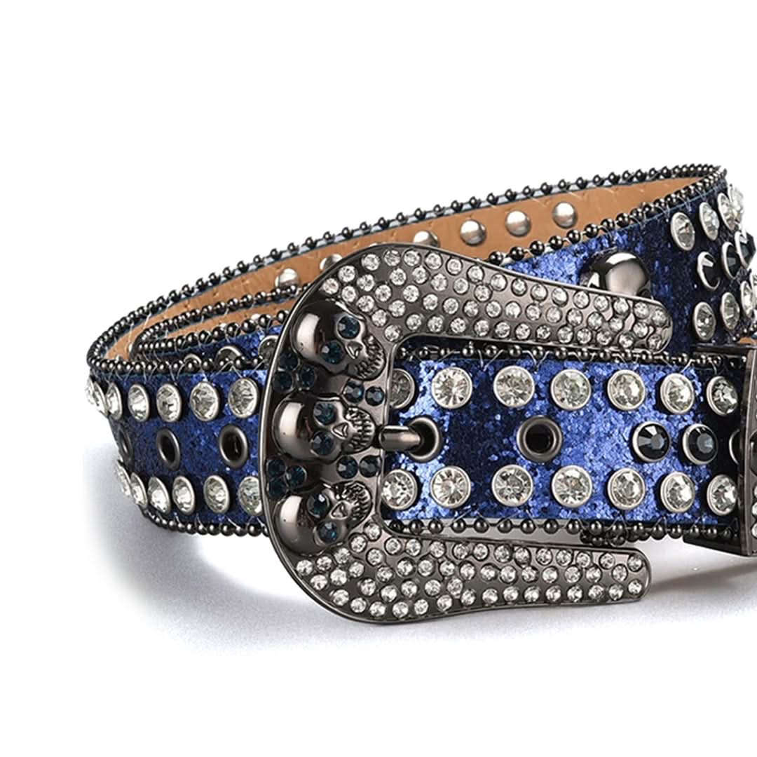 Skull Buckle Shiny Navy Strap with Navy and Crystal Studs Rhinestone Belt-Belts-The Rhinestone Belts