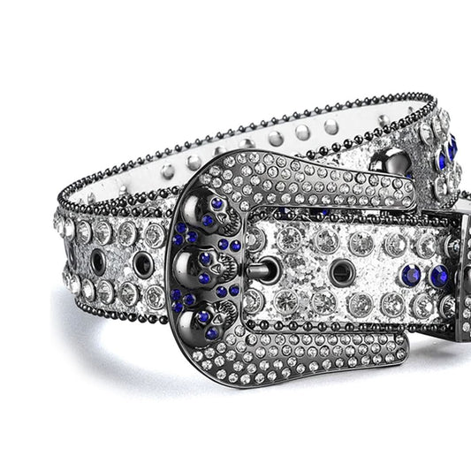 Skull Buckle Shiny Silver Strap with Blue and Crystal Studs Rhinestone Belt-Belts-The Rhinestone Belts