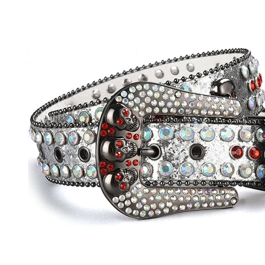 Skull Buckle Shiny Silver Strap with Multi and Red Studs Rhinestone Belt-Belts-The Rhinestone Belts