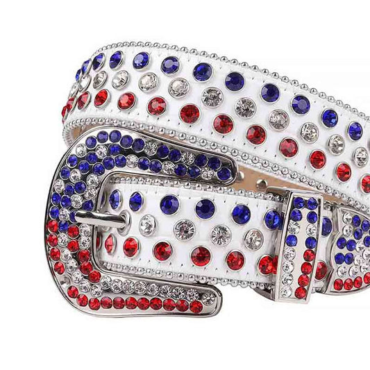 White Strap with Red and Blue Studs Rhinestone Belt-Belts-The Rhinestone Belts