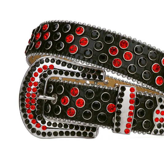 Black Strap with Red and Black Studs Rhinestone Belt-Belts-The Rhinestone Belts