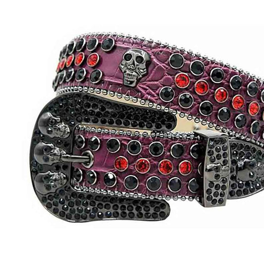 Skull Buckle Purple Strap with Black and Red Studs Rhinestone Belt-Belts-The Rhinestone Belts