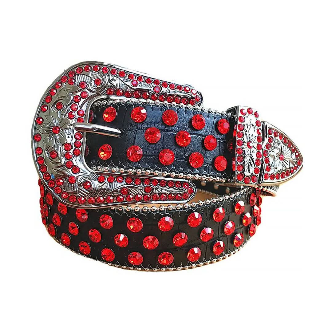 Red Rhinestones with Black Textured Strap and Silver Buckle Rhinestone Belt-Belts-The Rhinestone Belts
