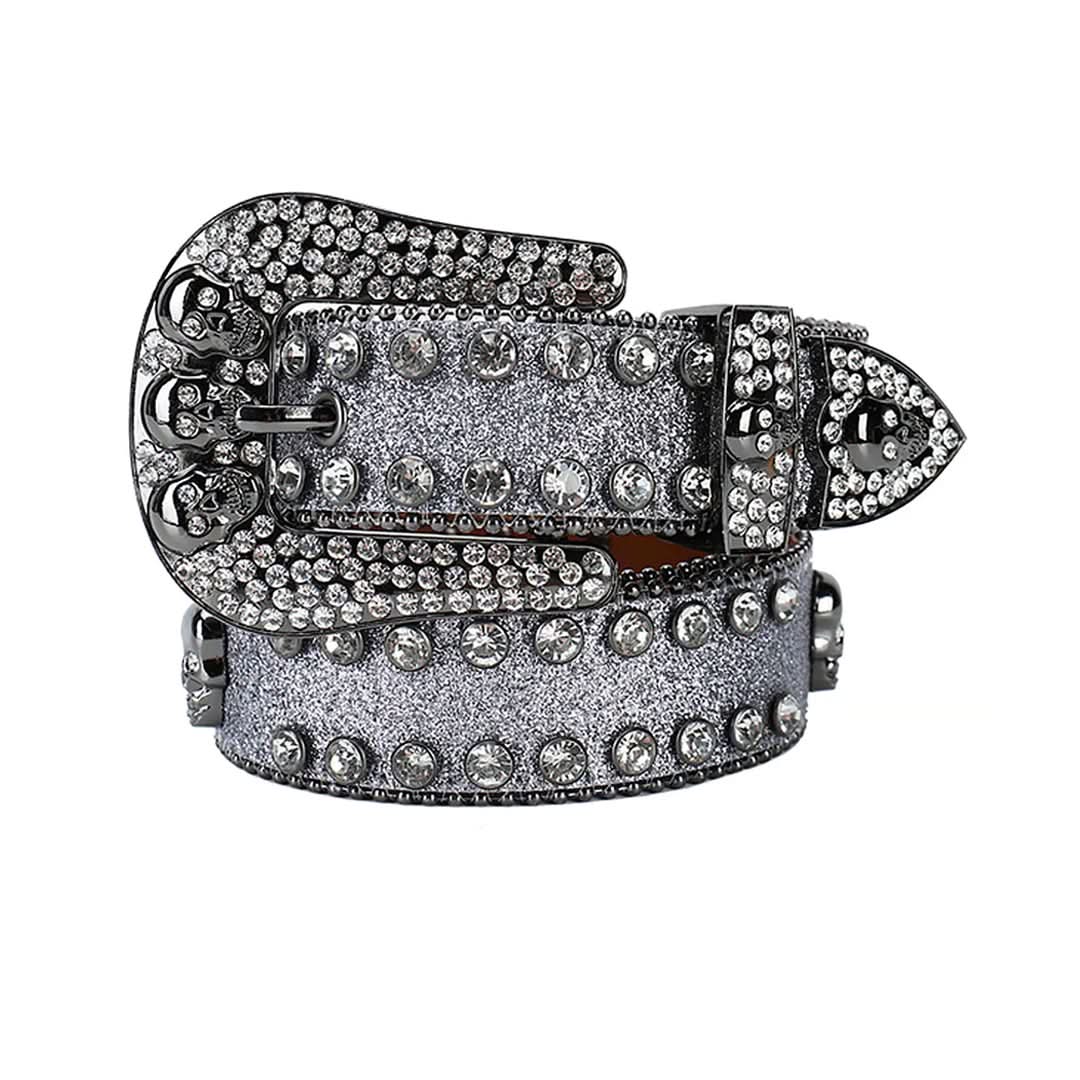 Skull Buckle Grey Strap with Grey Studs Rhinestone Belt-Belts-The Rhinestone Belts