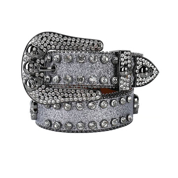 Skull Buckle Grey Strap with Grey Studs Rhinestone Belt-Belts-The Rhinestone Belts