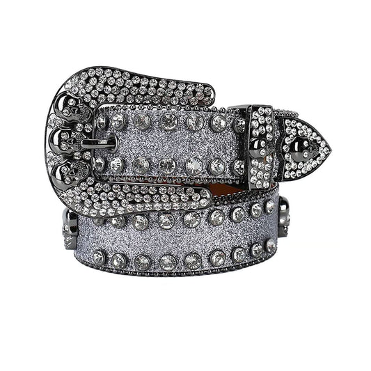 Skull Buckle Grey Strap with Grey Studs Rhinestone Belt-Belts-The Rhinestone Belts