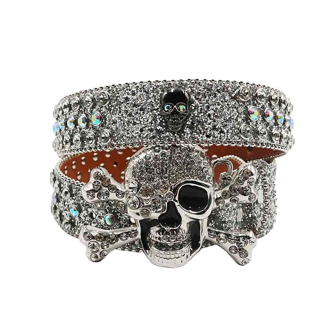 Metal Skull Buckle Silver Strap with Silver and Multi Studs Rhinestone Belt-Belts-The Rhinestone Belts