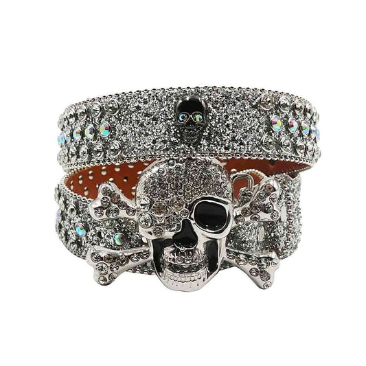 Metal Skull Buckle Silver Strap with Silver and Multi Studs Rhinestone Belt-Belts-The Rhinestone Belts