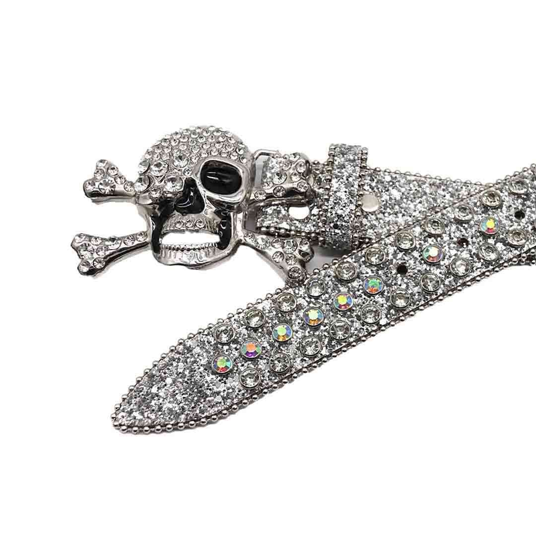 Metal Skull Buckle Silver Strap with Silver and Multi Studs Rhinestone Belt-Belts-The Rhinestone Belts