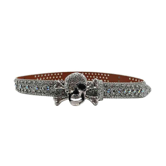 Metal Skull Buckle Silver Strap with Silver and Multi Studs Rhinestone Belt-Belts-The Rhinestone Belts