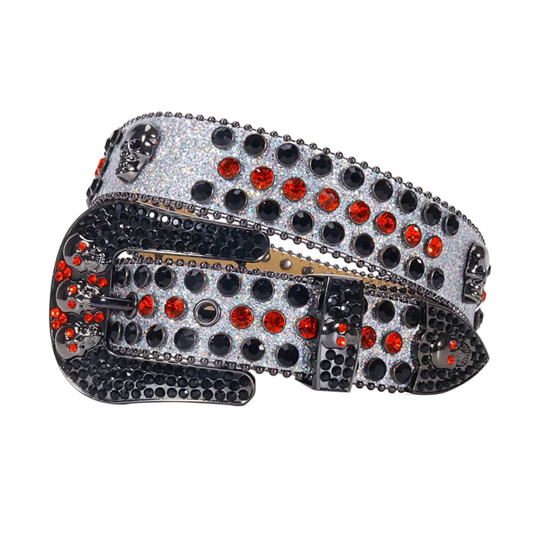 Skull Buckle Grey Strap with Black and Red Studs Rhinestone Belt-Belts-The Rhinestone Belts