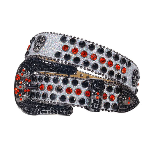 Skull Buckle Grey Strap with Black and Red Studs Rhinestone Belt-Belts-The Rhinestone Belts