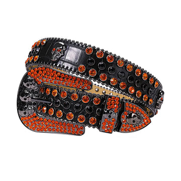 Skull Buckle Black Strap with Orange and Black Studs Rhinestone Belt-Belts-The Rhinestone Belts