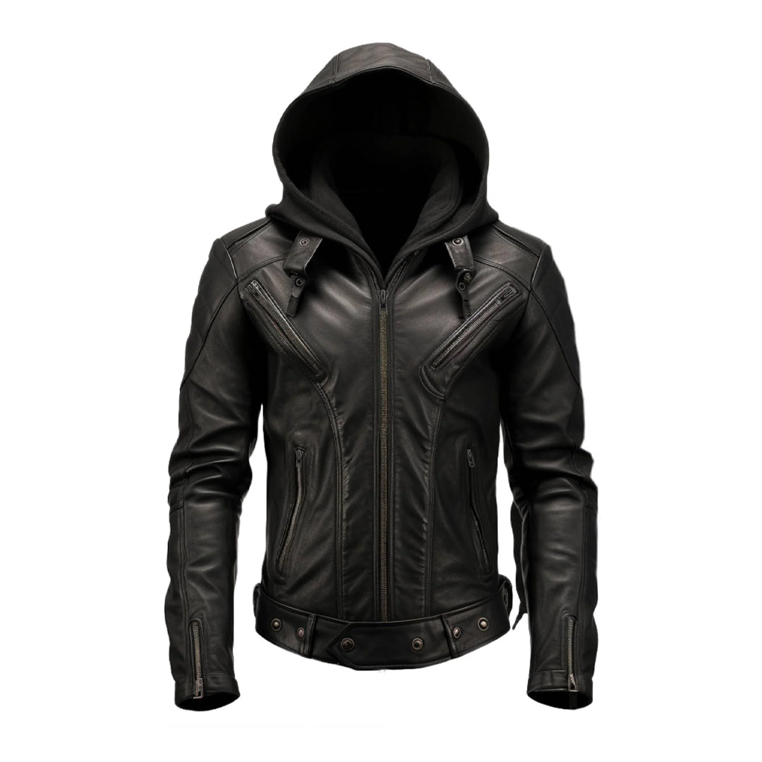 Men's Black Hooded Biker Leather Jacket