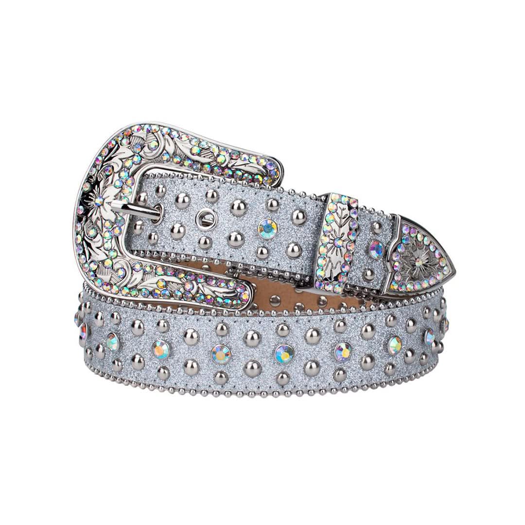 Engraved Buckle Shiny Grey Strap with Multi Studs Rhinestone Belt-Belts-The Rhinestone Belts