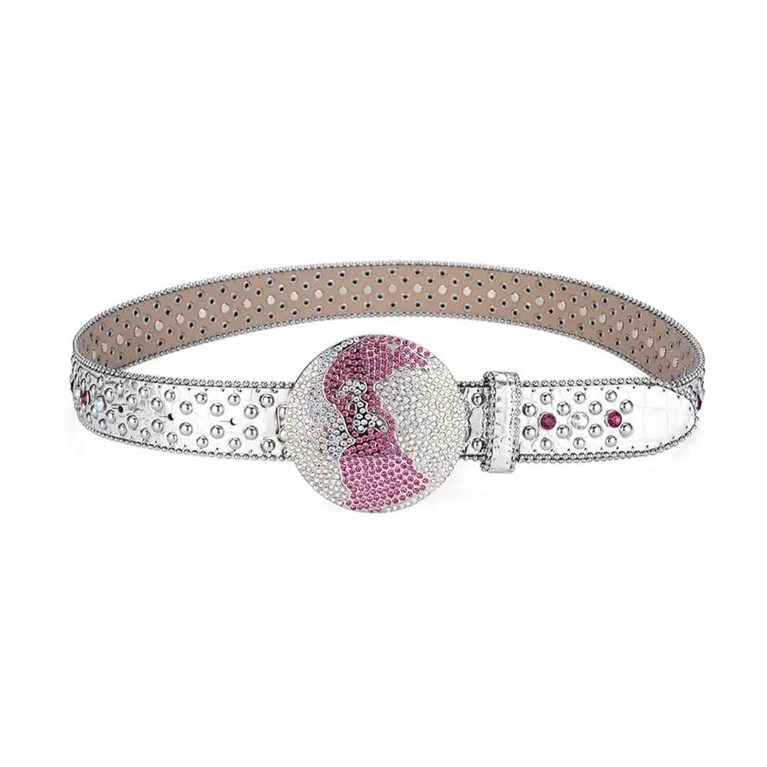 Globe Buckle with Silver and Pink Studs Rhinestone Belt-Belts-The Rhinestone Belts