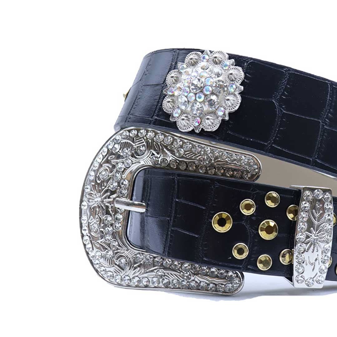 Engraved Buckle Black Strap with Gold Studded Design Rhinestone Belt-Belts-The Rhinestone Belts