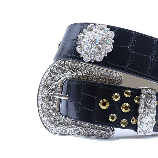 Engraved Buckle Black Strap with Gold Studded Design Rhinestone Belt-Belts-The Rhinestone Belts