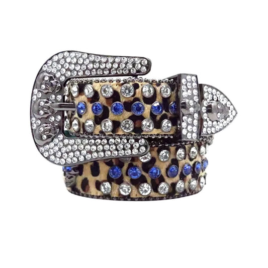 Skull Buckle Leopard Strap with Blue and Crystal Studs Rhinestone Belt-Belts-The Rhinestone Belts
